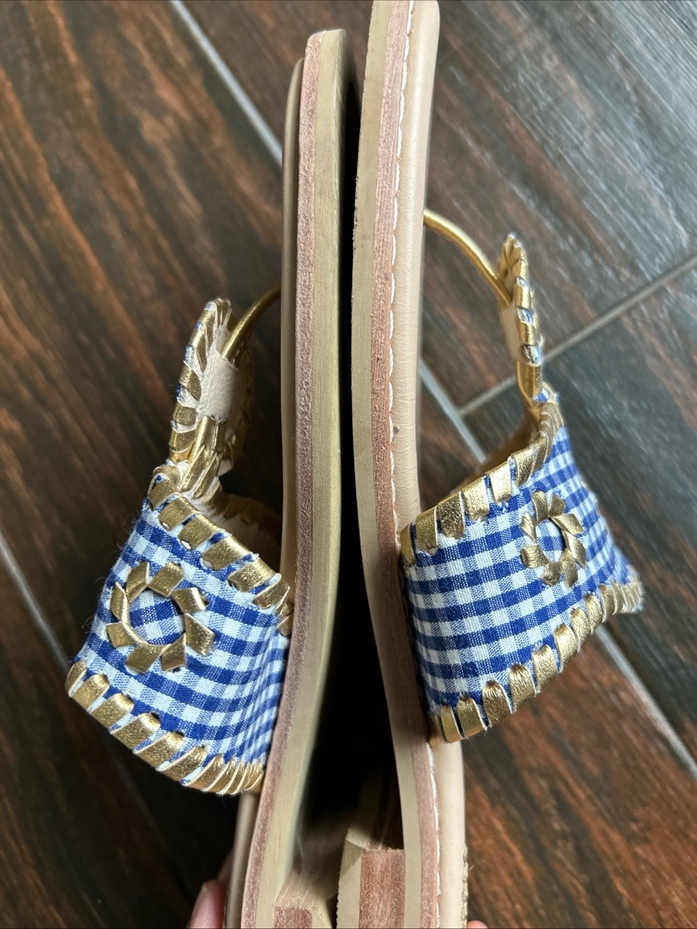 Jack Rogers Blue Gingham Katelyn Slide Sandals with Gold Trim - Picture 2 of 4